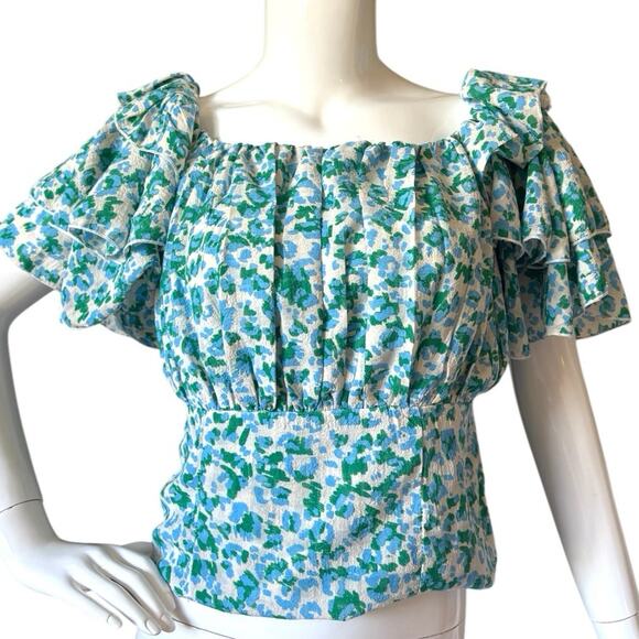 Molly Bracken Blue Green Ruffle Sleeve Top Medium - Picture 3 of 5